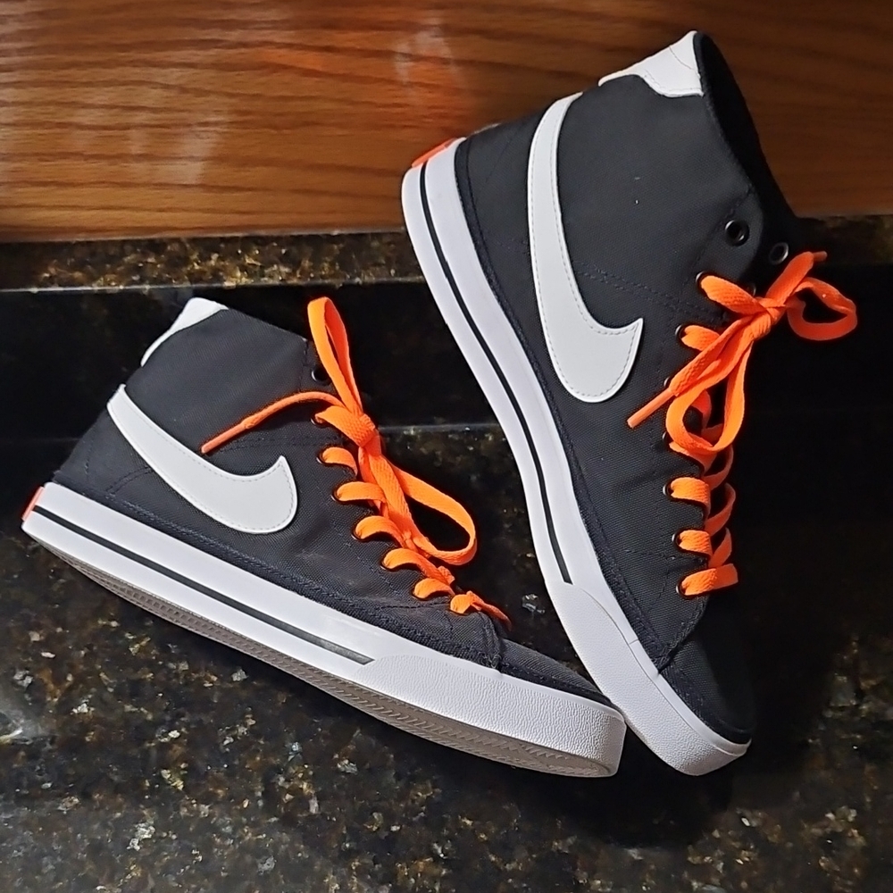 Nike Black and White High-Top Sneakers with Orange Laces